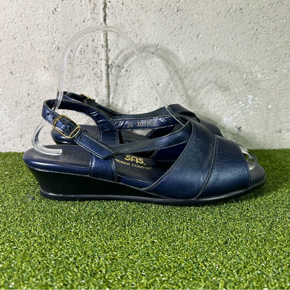 SAS Caress Navy Blue Leather Slingback Wedge Sandals Women’s 7 Wide